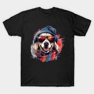 Magical Christmas Golden Retriever in the snow: cute four-legged friend with festive hat T-Shirt